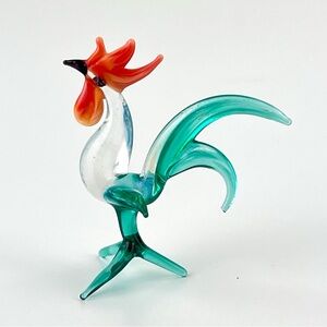 Vintage Handmade  Art Glass Mini Rooster Chicken Green Swirl Feathers  2"